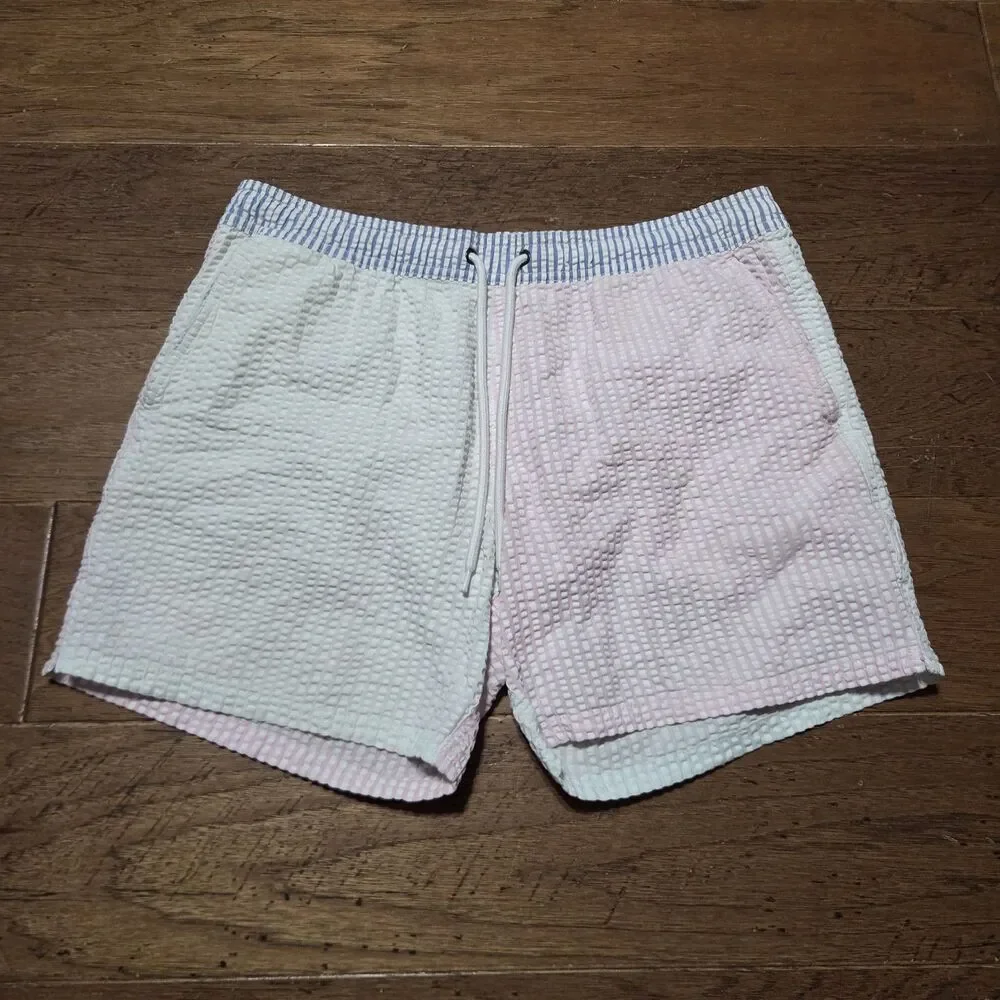 J. Crew Flex Swimwear Lined Swim Trunks, Pastel Seersucker Colorblock – Large